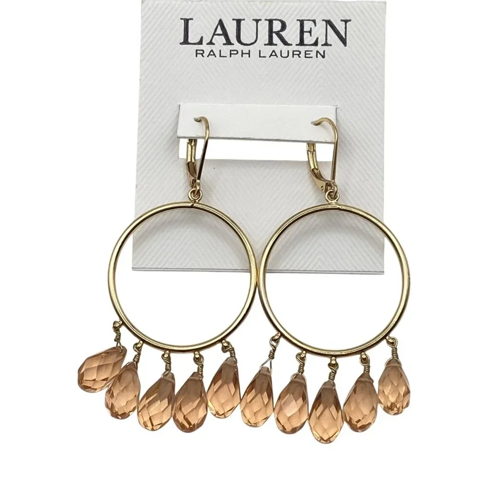 NWT Lauren Ralph Lauren Gold-Tone Hoop Earrings Peach Crystal Beads Drop Dangle - Picture 1 of 9